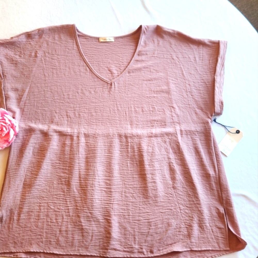 🏷️COTTON BLEU V-neck Rolled Sleeve Babydoll Back Mauve Tee 2X